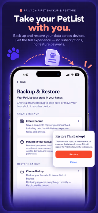 PetList Backup and Restore screen showing private household backup and restore controls