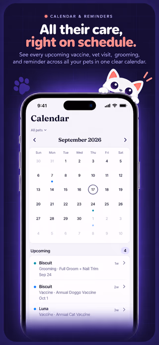 PetList Calendar showing upcoming grooming and vaccine care across Biscuit and Luna