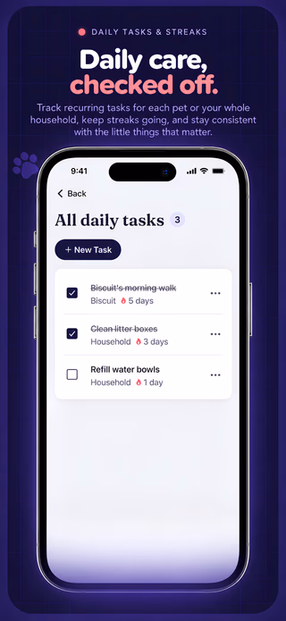 PetList Daily Tasks showing recurring household and pet care streaks