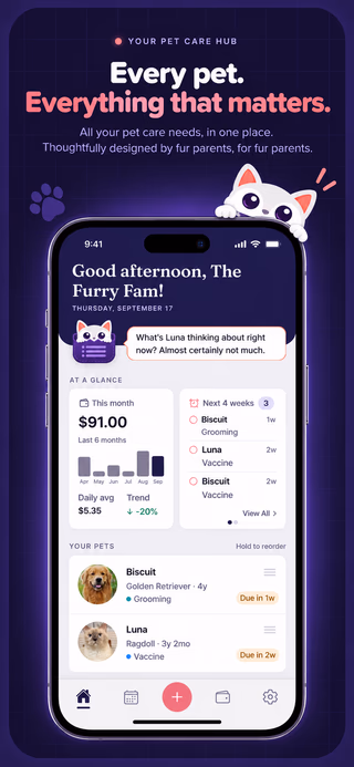 PetList dashboard showing household spending, upcoming care, and pet cards for Biscuit and Luna