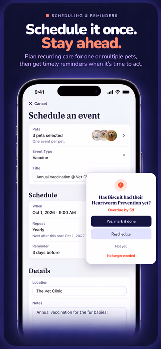 PetList Schedule an event form with recurring care, reminders, and an overdue care prompt